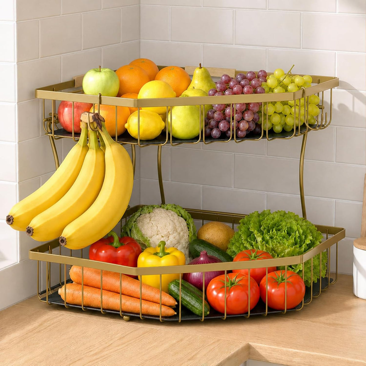 2 Tier Fruit Basket for Kitchen Counter with 2 Banana Hangers for Corner