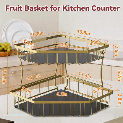 2 Tier Fruit Basket for Kitchen Counter with 2 Banana Hangers for Corner