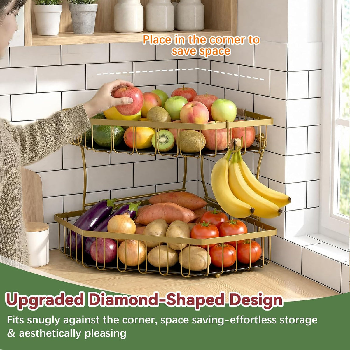 2 Tier Fruit Basket for Kitchen Counter with 2 Banana Hangers for Corner