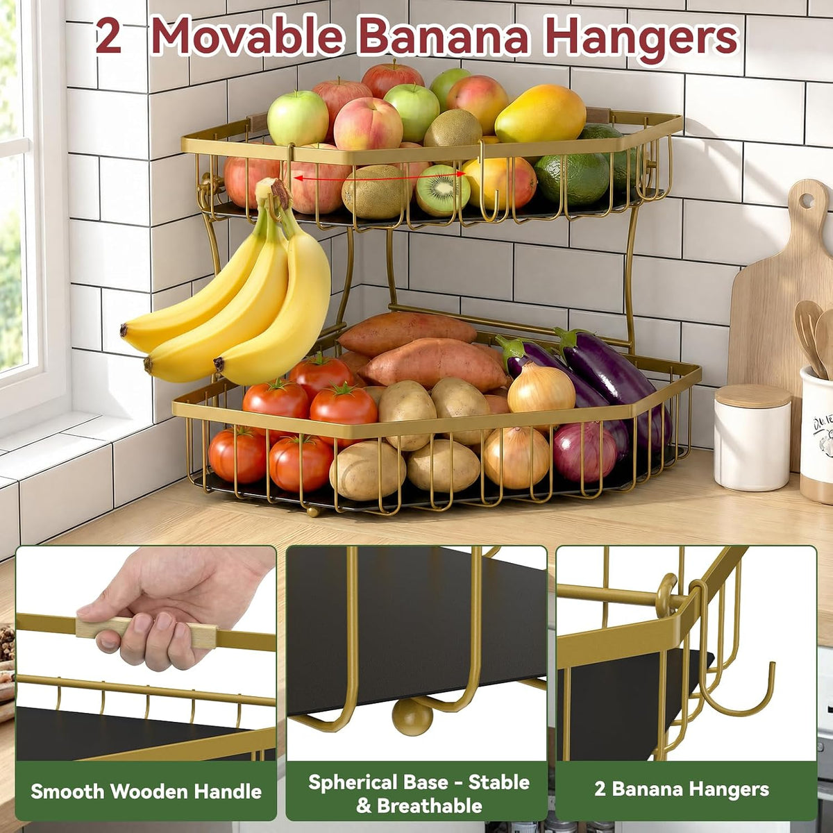 2 Tier Fruit Basket for Kitchen Counter with 2 Banana Hangers for Corner