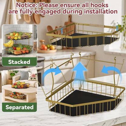 2 Tier Fruit Basket for Kitchen Counter with 2 Banana Hangers for Corner