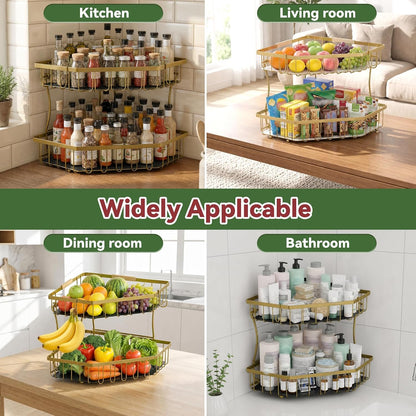 2 Tier Fruit Basket for Kitchen Counter with 2 Banana Hangers for Corner