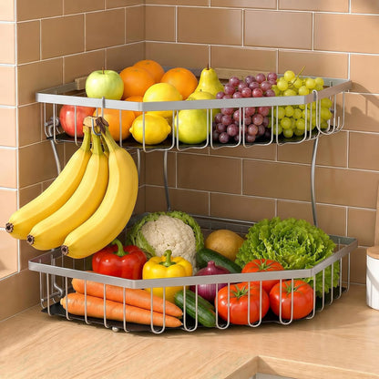 2 Tier Fruit Basket for Kitchen Counter with 2 Banana Hangers for Corner