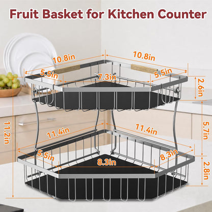 2 Tier Fruit Basket for Kitchen Counter with 2 Banana Hangers for Corner