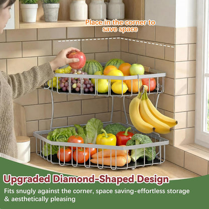 2 Tier Fruit Basket for Kitchen Counter with 2 Banana Hangers for Corner