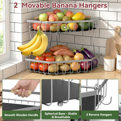 2 Tier Fruit Basket for Kitchen Counter with 2 Banana Hangers for Corner