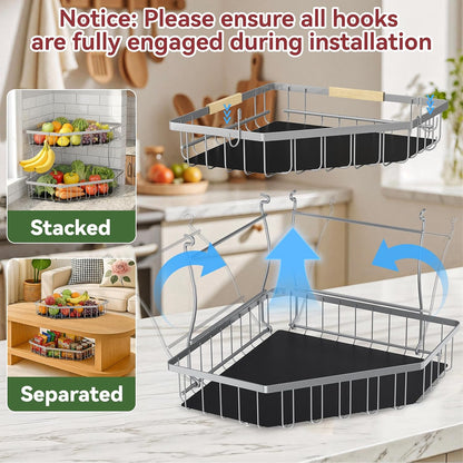 2 Tier Fruit Basket for Kitchen Counter with 2 Banana Hangers for Corner