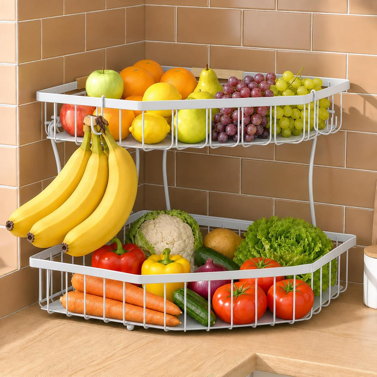 2 Tier Fruit Basket for Kitchen Counter with 2 Banana Hangers for Corner