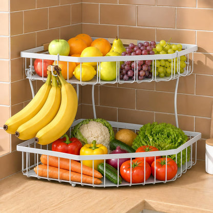 2 Tier Fruit Basket for Kitchen Counter with 2 Banana Hangers for Corner