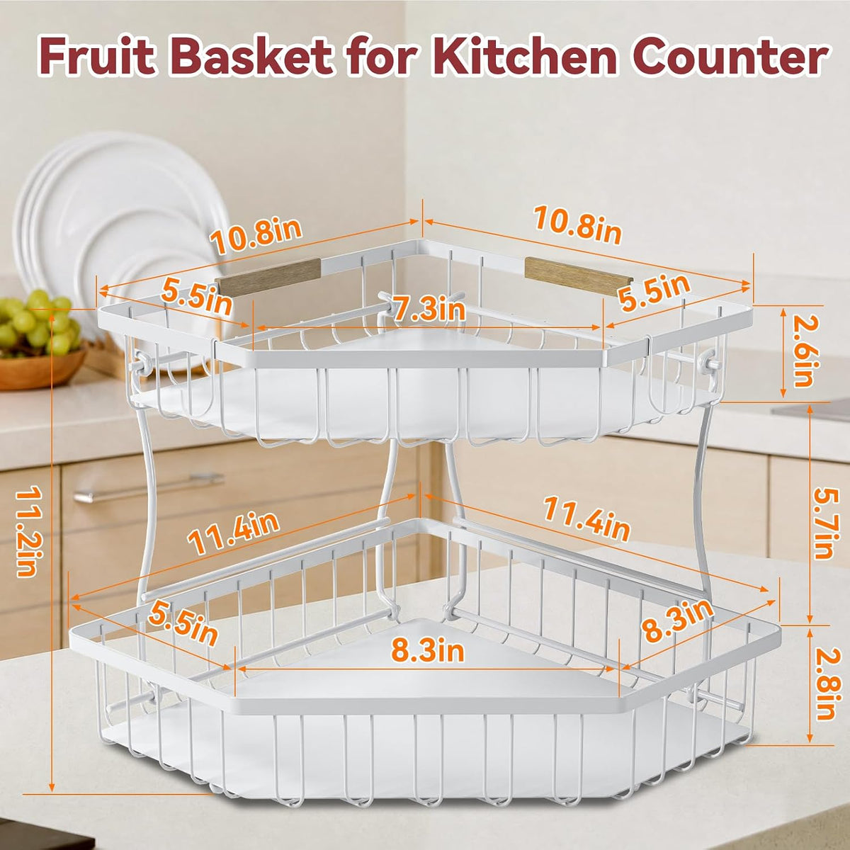 2 Tier Fruit Basket for Kitchen Counter with 2 Banana Hangers for Corner