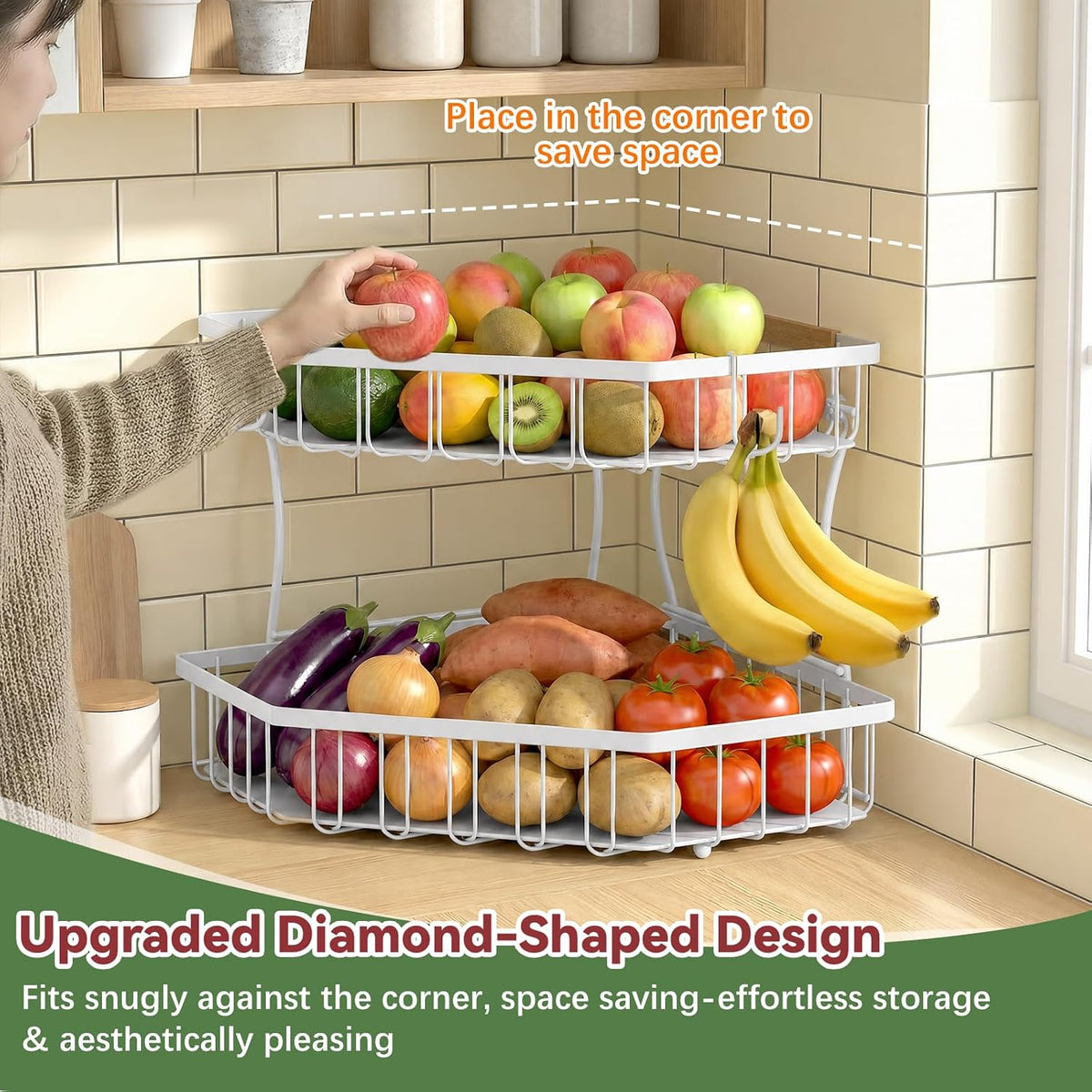 2 Tier Fruit Basket for Kitchen Counter with 2 Banana Hangers for Corner