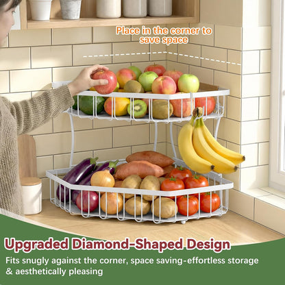 2 Tier Fruit Basket for Kitchen Counter with 2 Banana Hangers for Corner
