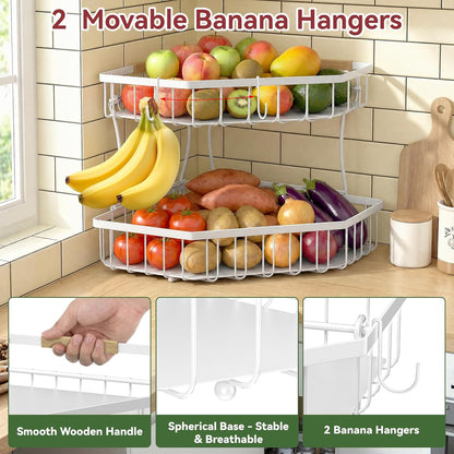 2 Tier Fruit Basket for Kitchen Counter with 2 Banana Hangers for Corner
