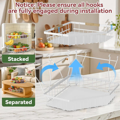 2 Tier Fruit Basket for Kitchen Counter with 2 Banana Hangers for Corner