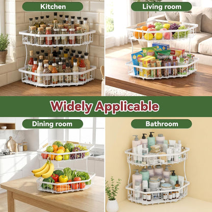 2 Tier Fruit Basket for Kitchen Counter with 2 Banana Hangers for Corner