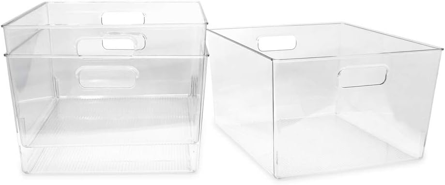 Isaac Jacobs 3-Pack Large Clear Storage Bins with Handles, Plastic Organizer for Home, Room, Office, Fridge, Kitchen/Pantry Non-Slip Container Set, Food Safe, BPA Free (3-Pack, Large)