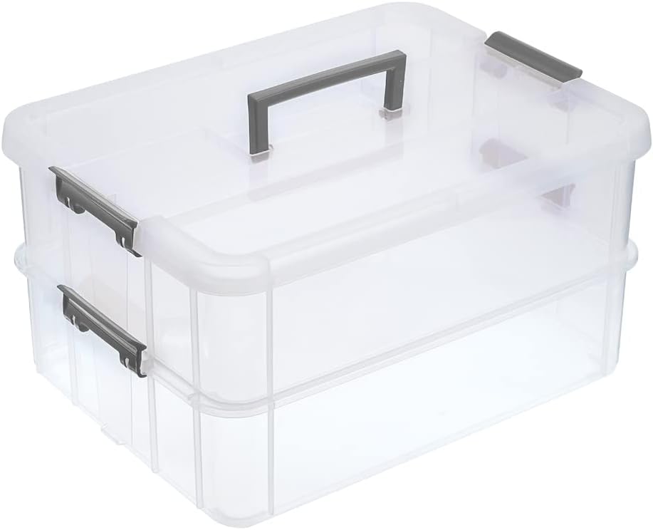 BTSKY 2 Layer Stack & Carry Box, Plastic Multipurpose Portable Storage Container Box Handled Organizer Storage Box for Organizing Stationery, Sewing, Art Craft, Jewelry and Beauty Supplies(Purple)