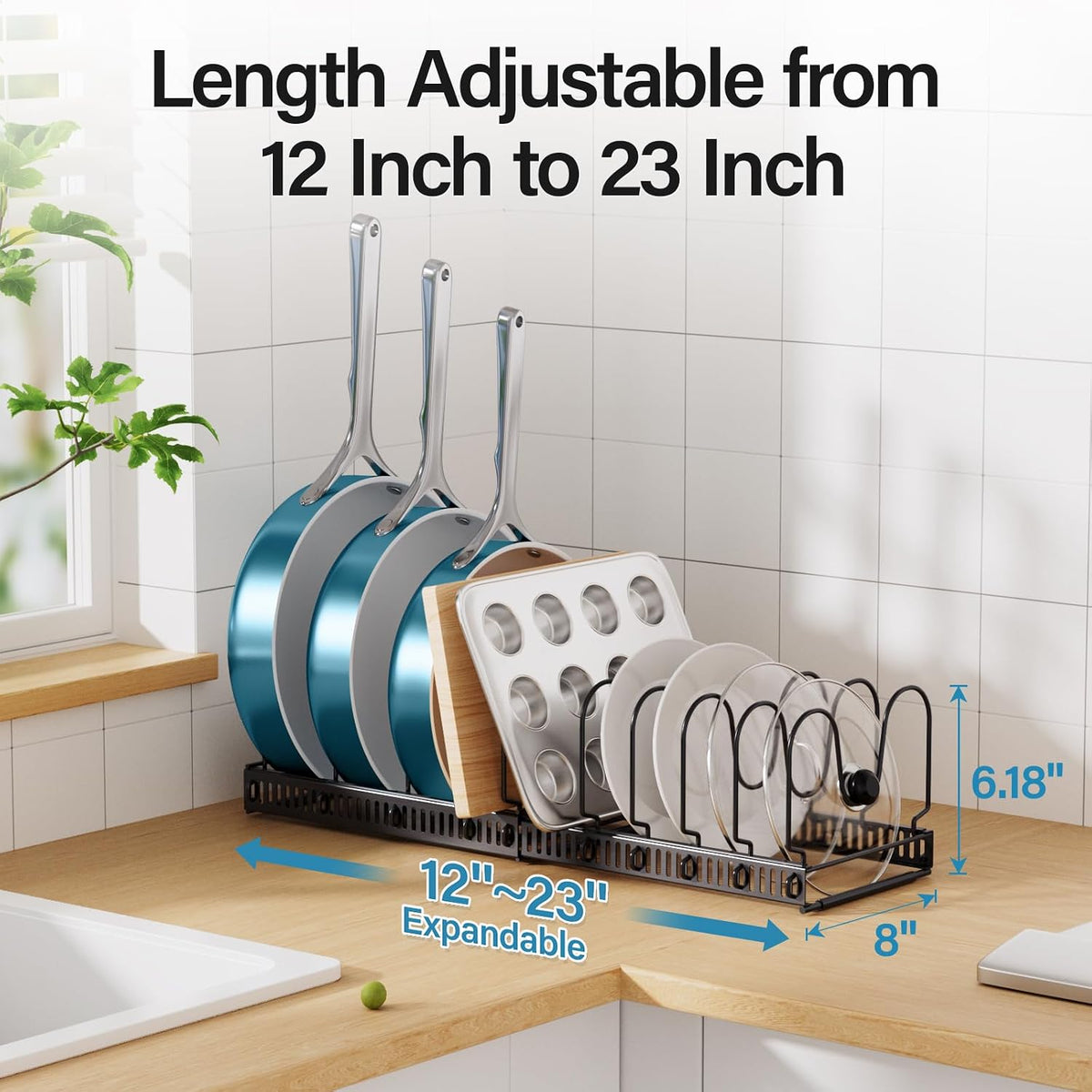 Pots and Pans Organizer under Cabinet, 11.8-22.8" 12 Dividers Black | Extends 11.8-22.8", Holds pot lids, pans, cookware and bakeware, Adjustable dividers, for under cabinet or countertop