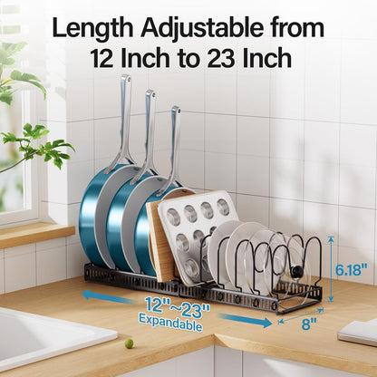 Pots and Pans Organizer under Cabinet, 11.8-22.8" 12 Dividers Black | Extends 11.8-22.8", Holds pot lids, pans, cookware and bakeware, Adjustable dividers, for under cabinet or countertop