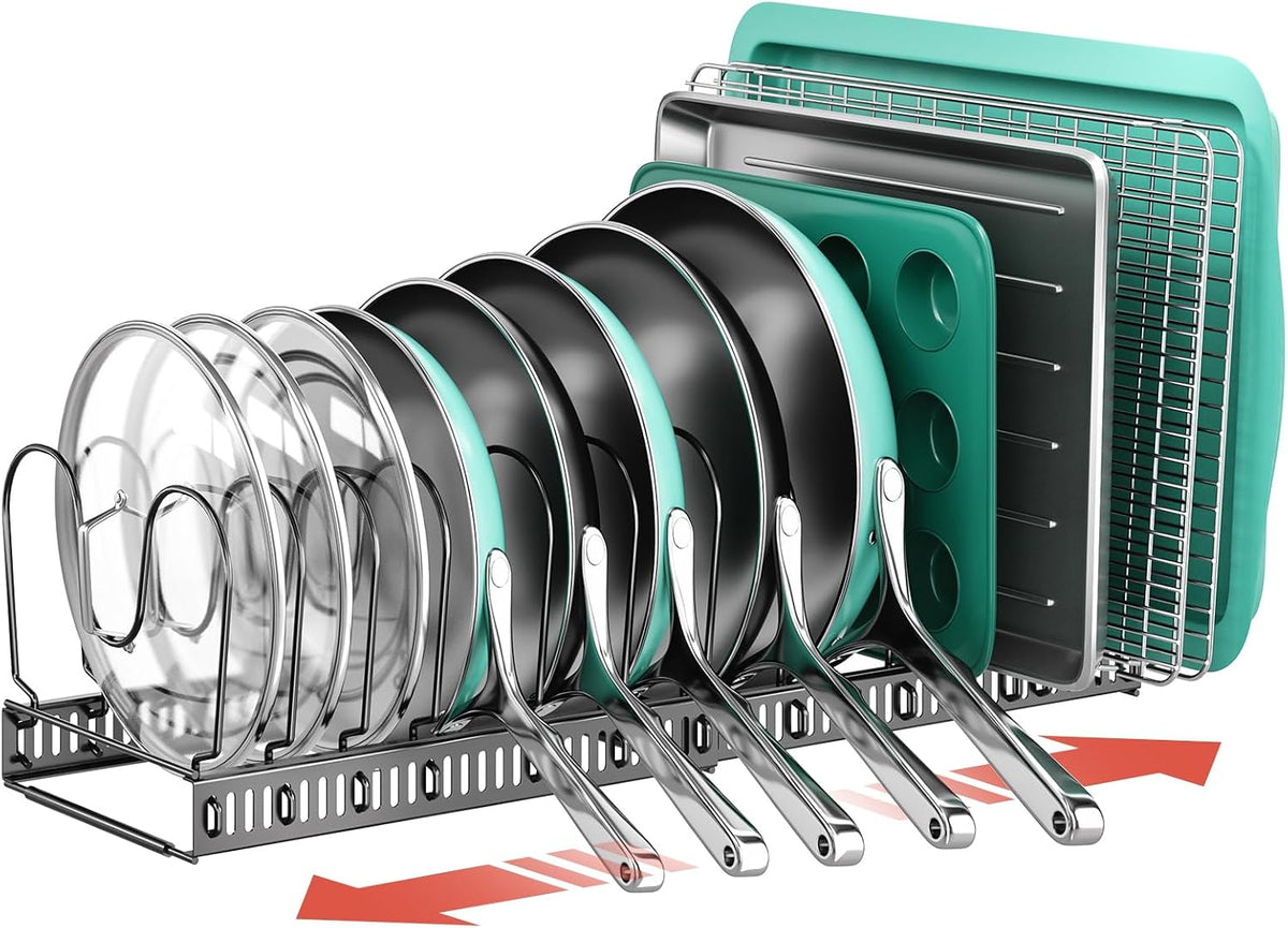 Pots and Pans Organizer under Cabinet, 11.8-22.8" 12 Dividers Black | Extends 11.8-22.8", Holds pot lids, pans, cookware and bakeware, Adjustable dividers, for under cabinet or countertop