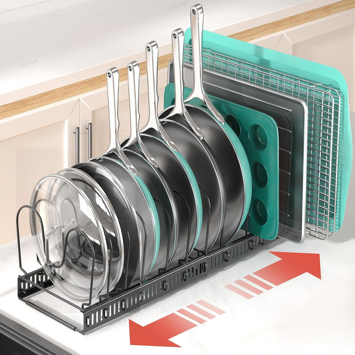 Pots and Pans Organizer under Cabinet, 11.8-22.8" 12 Dividers Black | Extends 11.8-22.8", Holds pot lids, pans, cookware and bakeware, Adjustable dividers, for under cabinet or countertop