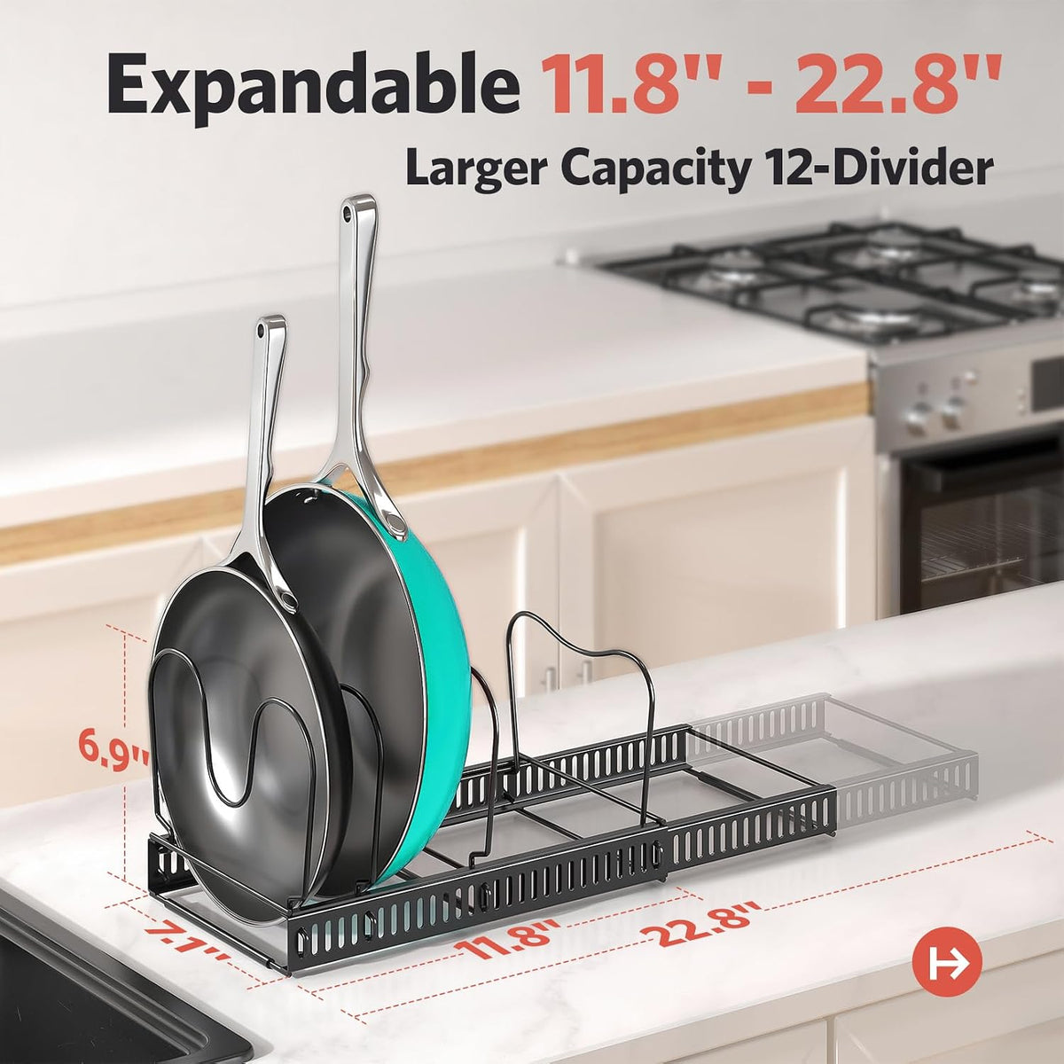 Pots and Pans Organizer under Cabinet, 11.8-22.8" 12 Dividers Black | Extends 11.8-22.8", Holds pot lids, pans, cookware and bakeware, Adjustable dividers, for under cabinet or countertop