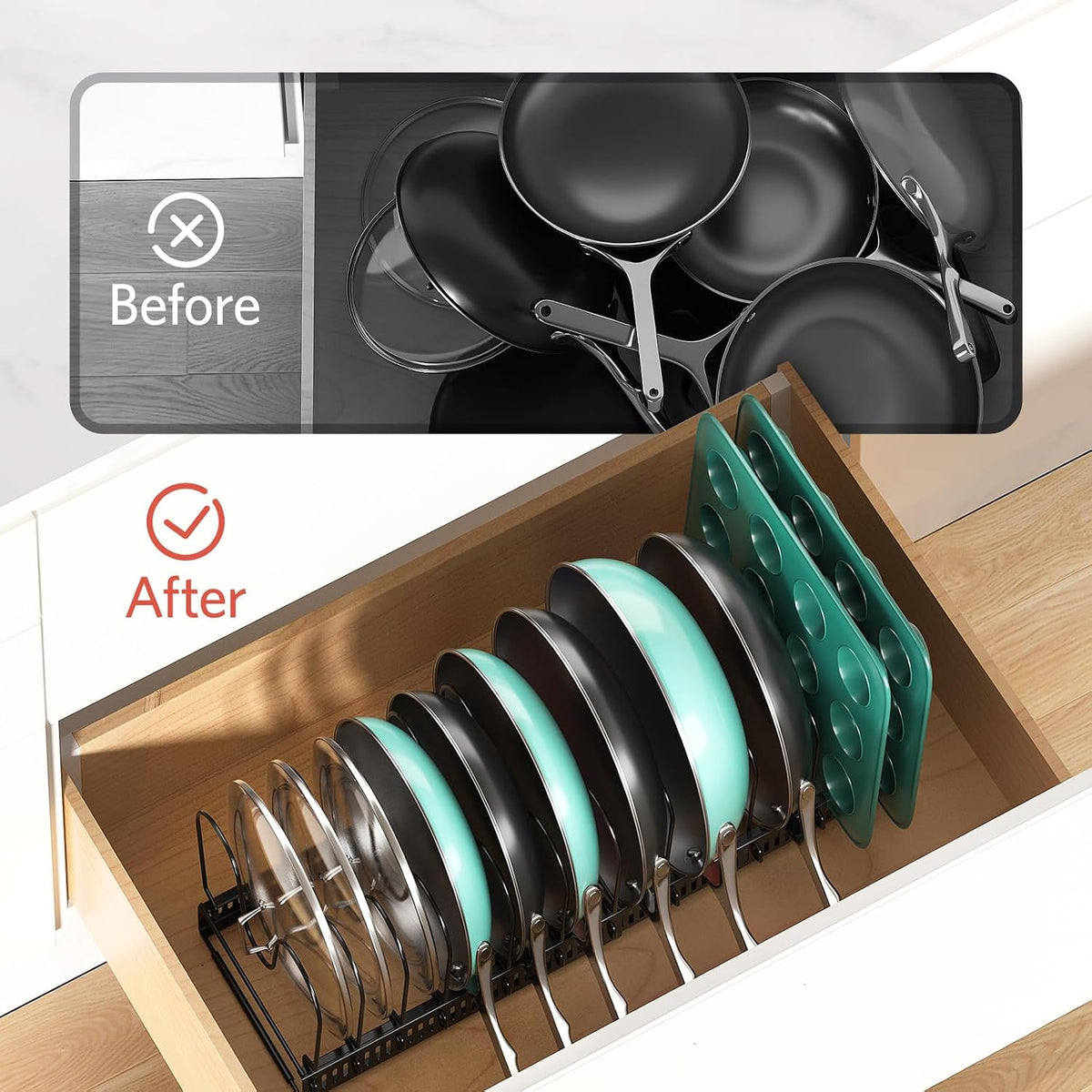 Pots and Pans Organizer under Cabinet, 11.8-22.8" 12 Dividers Black | Extends 11.8-22.8", Holds pot lids, pans, cookware and bakeware, Adjustable dividers, for under cabinet or countertop