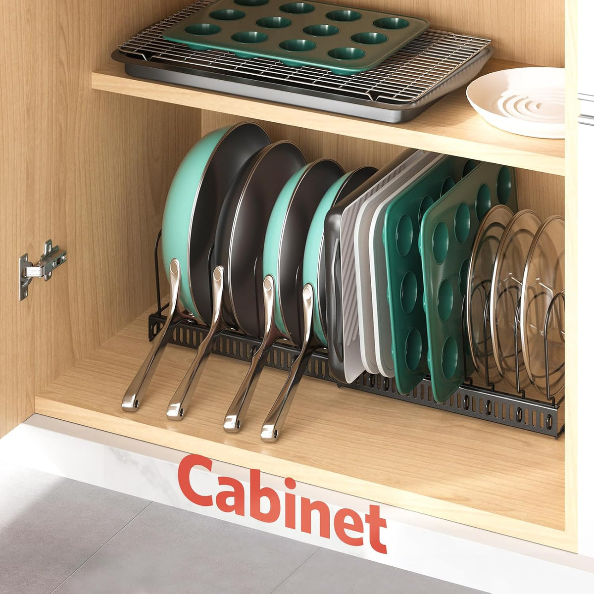 Pots and Pans Organizer under Cabinet, 11.8-22.8" 12 Dividers Black | Extends 11.8-22.8", Holds pot lids, pans, cookware and bakeware, Adjustable dividers, for under cabinet or countertop