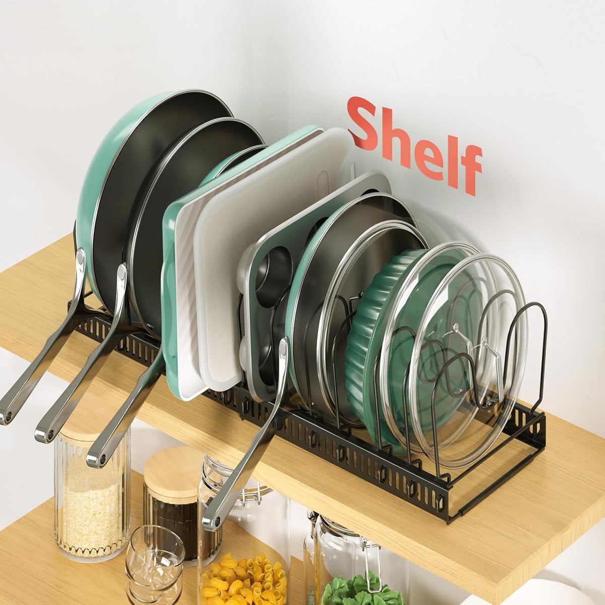 Pots and Pans Organizer under Cabinet, 11.8-22.8" 12 Dividers Black | Extends 11.8-22.8", Holds pot lids, pans, cookware and bakeware, Adjustable dividers, for under cabinet or countertop