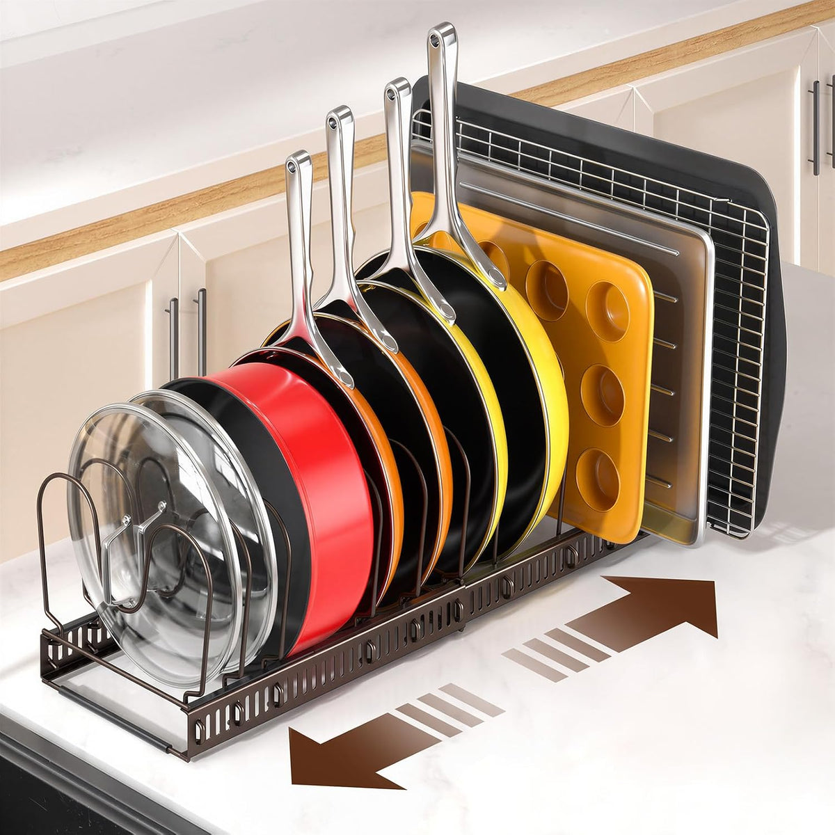Pots and Pans Organizer under Cabinet, 11.8-22.8" 12 Dividers Black | Extends 11.8-22.8", Holds pot lids, pans, cookware and bakeware, Adjustable dividers, for under cabinet or countertop