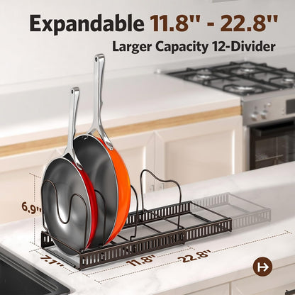 Pots and Pans Organizer under Cabinet, 11.8-22.8" 12 Dividers Black | Extends 11.8-22.8", Holds pot lids, pans, cookware and bakeware, Adjustable dividers, for under cabinet or countertop
