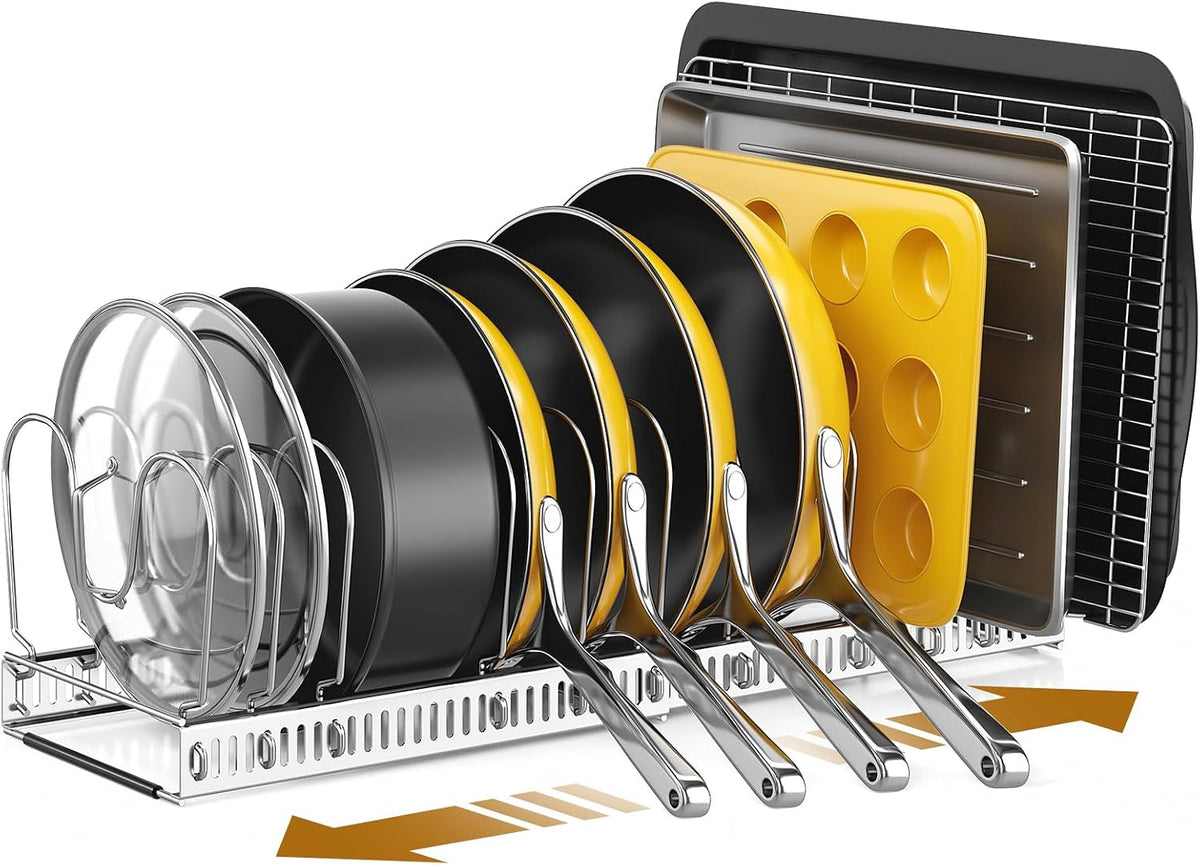 Pots and Pans Organizer under Cabinet, 11.8-22.8" 12 Dividers Black | Extends 11.8-22.8", Holds pot lids, pans, cookware and bakeware, Adjustable dividers, for under cabinet or countertop
