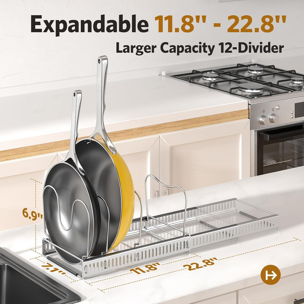 Pots and Pans Organizer under Cabinet, 11.8-22.8" 12 Dividers Black | Extends 11.8-22.8", Holds pot lids, pans, cookware and bakeware, Adjustable dividers, for under cabinet or countertop