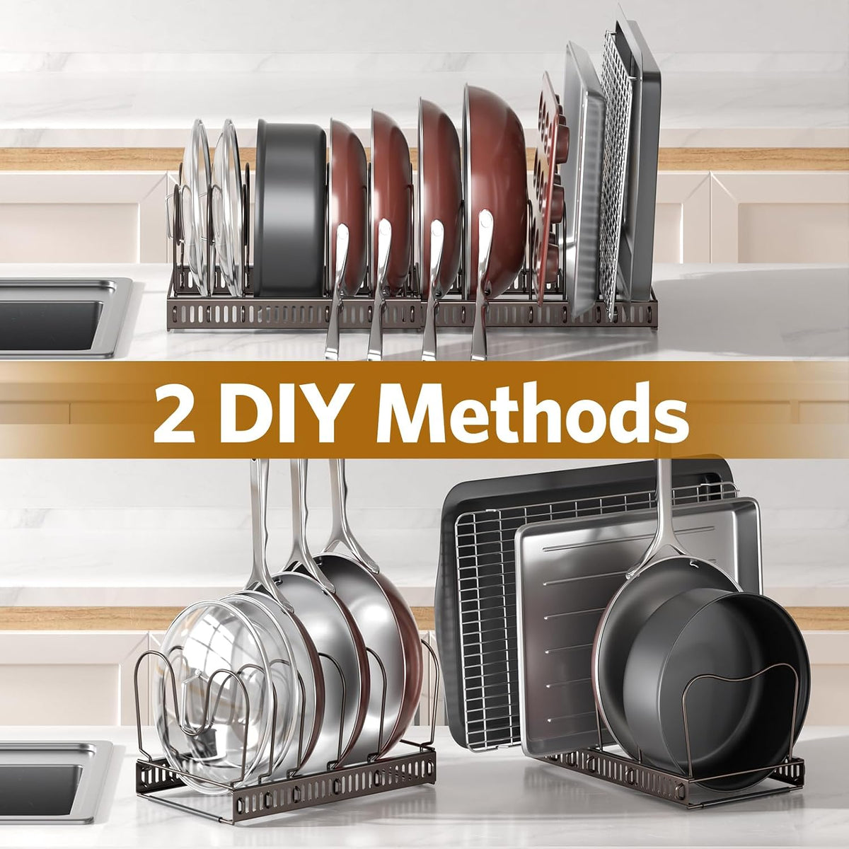Pots and Pans Organizer under Cabinet, 11.8-22.8" 12 Dividers Black | Extends 11.8-22.8", Holds pot lids, pans, cookware and bakeware, Adjustable dividers, for under cabinet or countertop