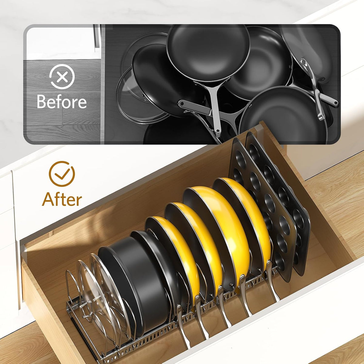 Pots and Pans Organizer under Cabinet, 11.8-22.8" 12 Dividers Black | Extends 11.8-22.8", Holds pot lids, pans, cookware and bakeware, Adjustable dividers, for under cabinet or countertop