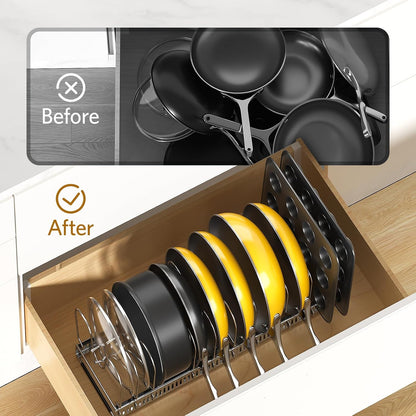 Pots and Pans Organizer under Cabinet, 11.8-22.8" 12 Dividers Black | Extends 11.8-22.8", Holds pot lids, pans, cookware and bakeware, Adjustable dividers, for under cabinet or countertop