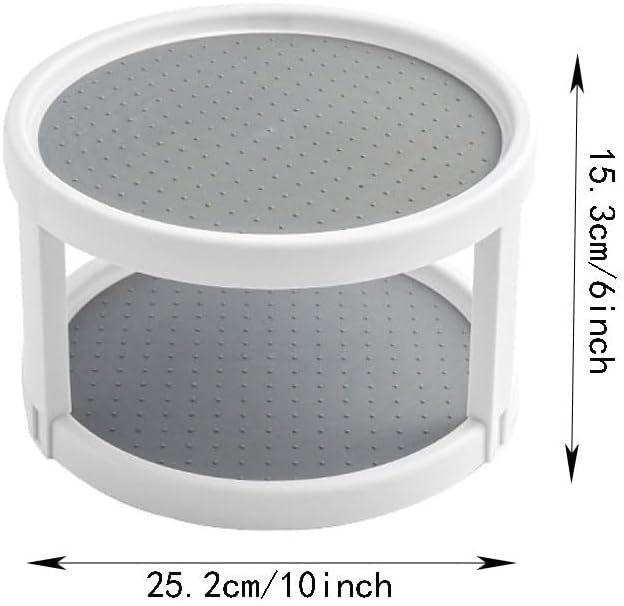 2 Tier Non Skid Spice Rack Turntable, 10 Inch Spinning Organizer, Non Skid Lazy Susan Turntable, 360° Rotating Seasoning Organizer for Kitchen, Pantry Cabinet, Refrigerator, Bathroom, Gray & White