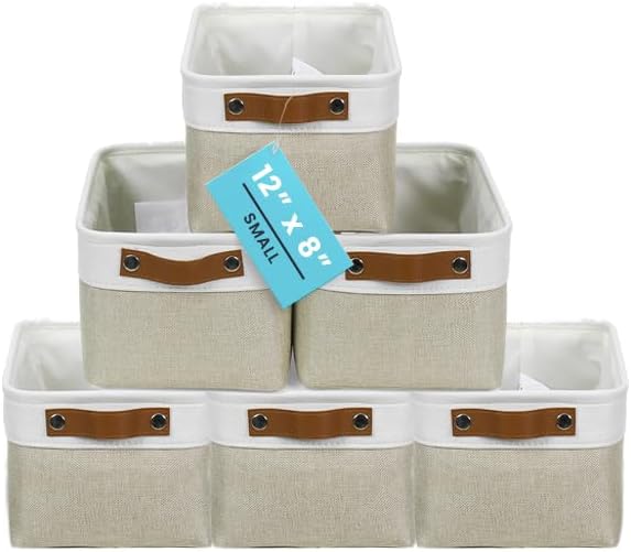 OrganiHaus 12x8in Canvas Storage Baskets 3 Pack | SMALL Fabric Bins for Shelves | Pantry & Bathroom Organizer | Beige/Off-White
