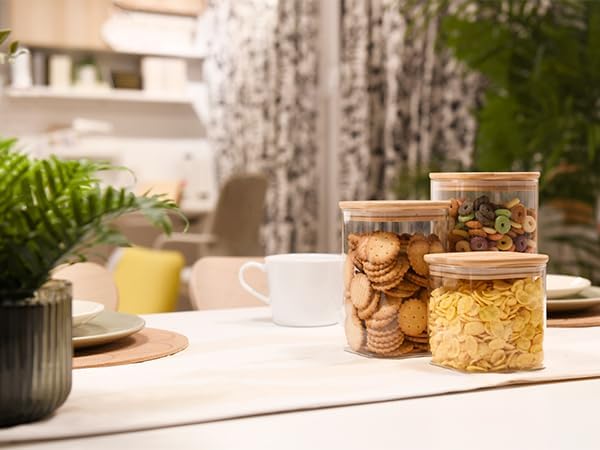 SHOWIN Glass Food Storage Jars Square 37oz, 4 Pack Glass Jars With Bamboo Lids, Kitchen Storage Containers For Spice, Candy, Cookie, Storage For Pantry Organizers