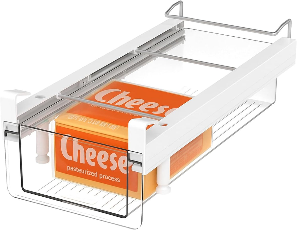Large Fridge Under Shelf Drawer, Pull Out Refrigerator Drawer Organizer Fridge Organizer Bins, Fridge Storage Container Holder for Produce, Deli Meat, Cheese, Bacon, Easy to Install-L
