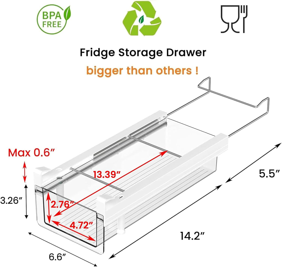 Large Fridge Under Shelf Drawer, Pull Out Refrigerator Drawer Organizer Fridge Organizer Bins, Fridge Storage Container Holder for Produce, Deli Meat, Cheese, Bacon, Easy to Install-L