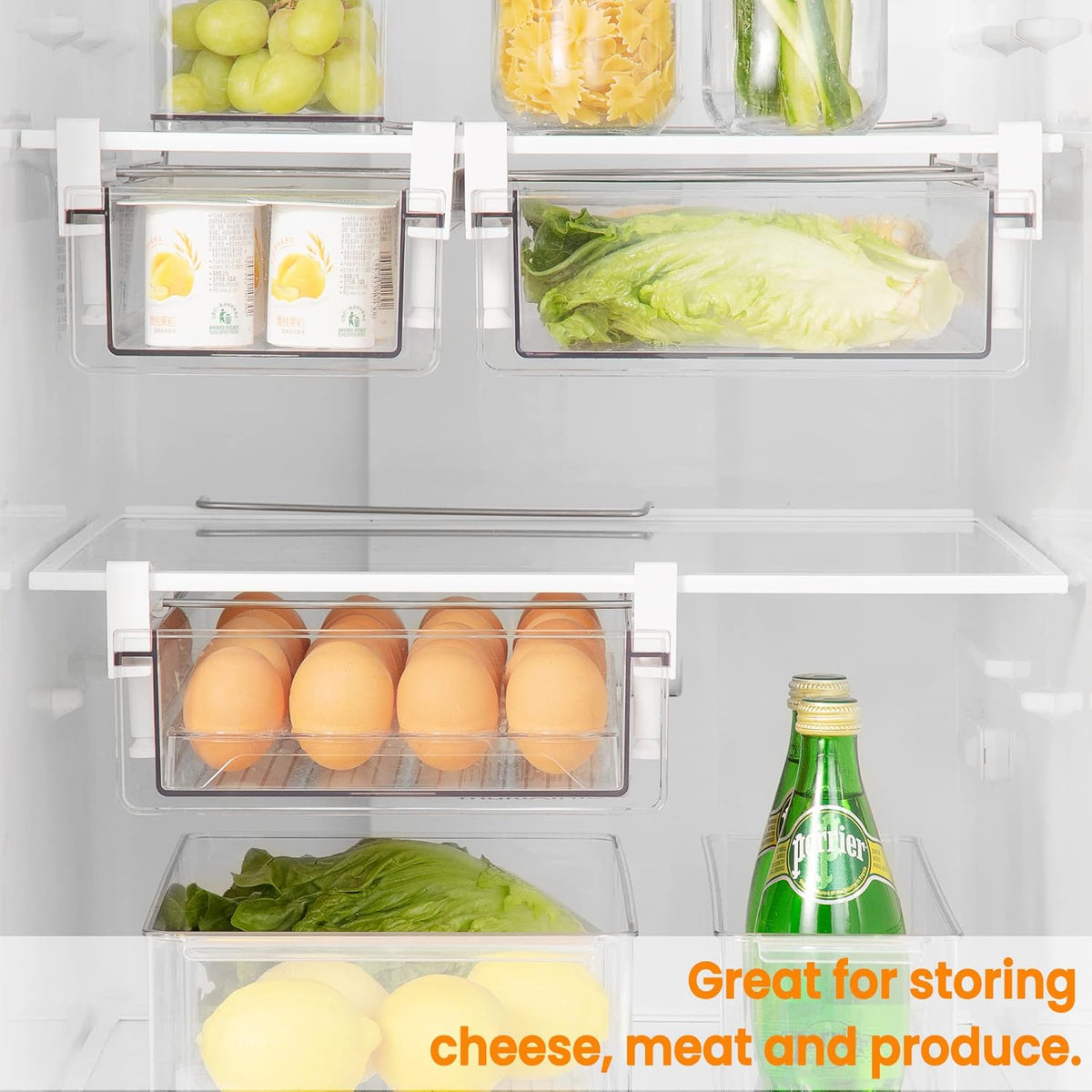 Large Fridge Under Shelf Drawer, Pull Out Refrigerator Drawer Organizer Fridge Organizer Bins, Fridge Storage Container Holder for Produce, Deli Meat, Cheese, Bacon, Easy to Install-L