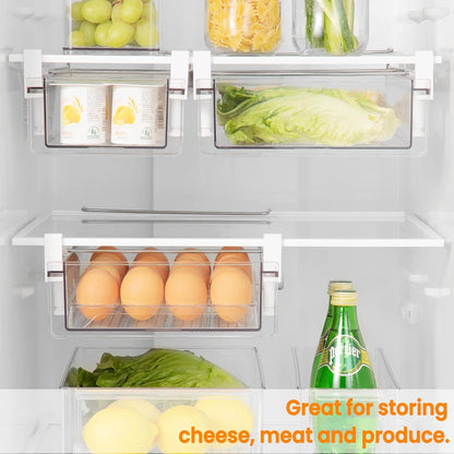 Large Fridge Under Shelf Drawer, Pull Out Refrigerator Drawer Organizer Fridge Organizer Bins, Fridge Storage Container Holder for Produce, Deli Meat, Cheese, Bacon, Easy to Install-L