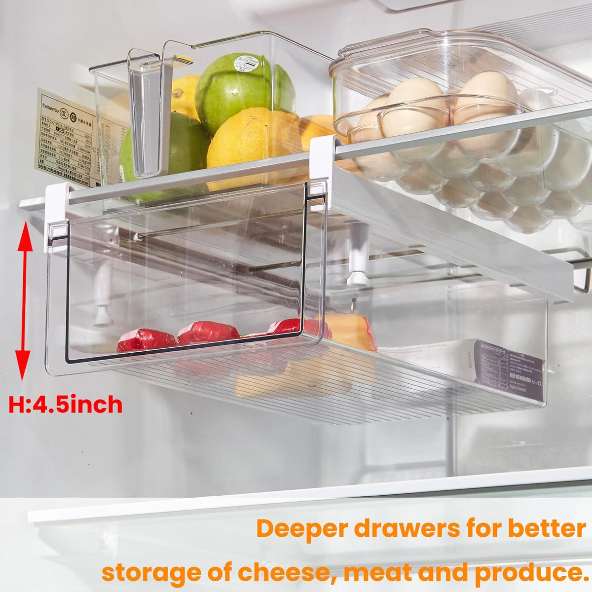 Large Fridge Under Shelf Drawer, Pull Out Refrigerator Drawer Organizer Fridge Organizer Bins, Fridge Storage Container Holder for Produce, Deli Meat, Cheese, Bacon, Easy to Install-L