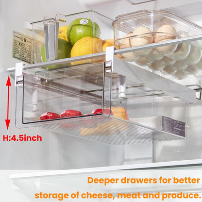Large Fridge Under Shelf Drawer, Pull Out Refrigerator Drawer Organizer Fridge Organizer Bins, Fridge Storage Container Holder for Produce, Deli Meat, Cheese, Bacon, Easy to Install-L