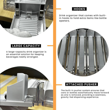 Soda Can Organizer with Automatic Can Pusher | Refrigerator Drink Organizer | Beverage Dispenser for Soda, Cans and Bottles | Space-Saving | Stainless Steel | Adjustable Sizes (5 Rows)