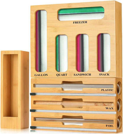 9 in 1 Storage Bag Organizer for Kitchen Drawer, Bamboo Foil and Plastic Wrap with Cutter, Ziplock Bag Organizer for Quart, Gallon, Sandwich & Snack Bags