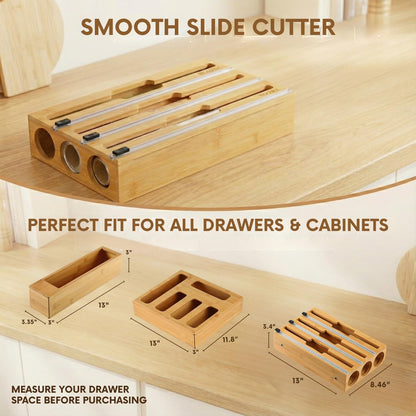 9 in 1 Storage Bag Organizer for Kitchen Drawer, Bamboo Foil and Plastic Wrap with Cutter, Ziplock Bag Organizer for Quart, Gallon, Sandwich & Snack Bags