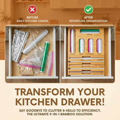 9 in 1 Storage Bag Organizer for Kitchen Drawer, Bamboo Foil and Plastic Wrap with Cutter, Ziplock Bag Organizer for Quart, Gallon, Sandwich & Snack Bags