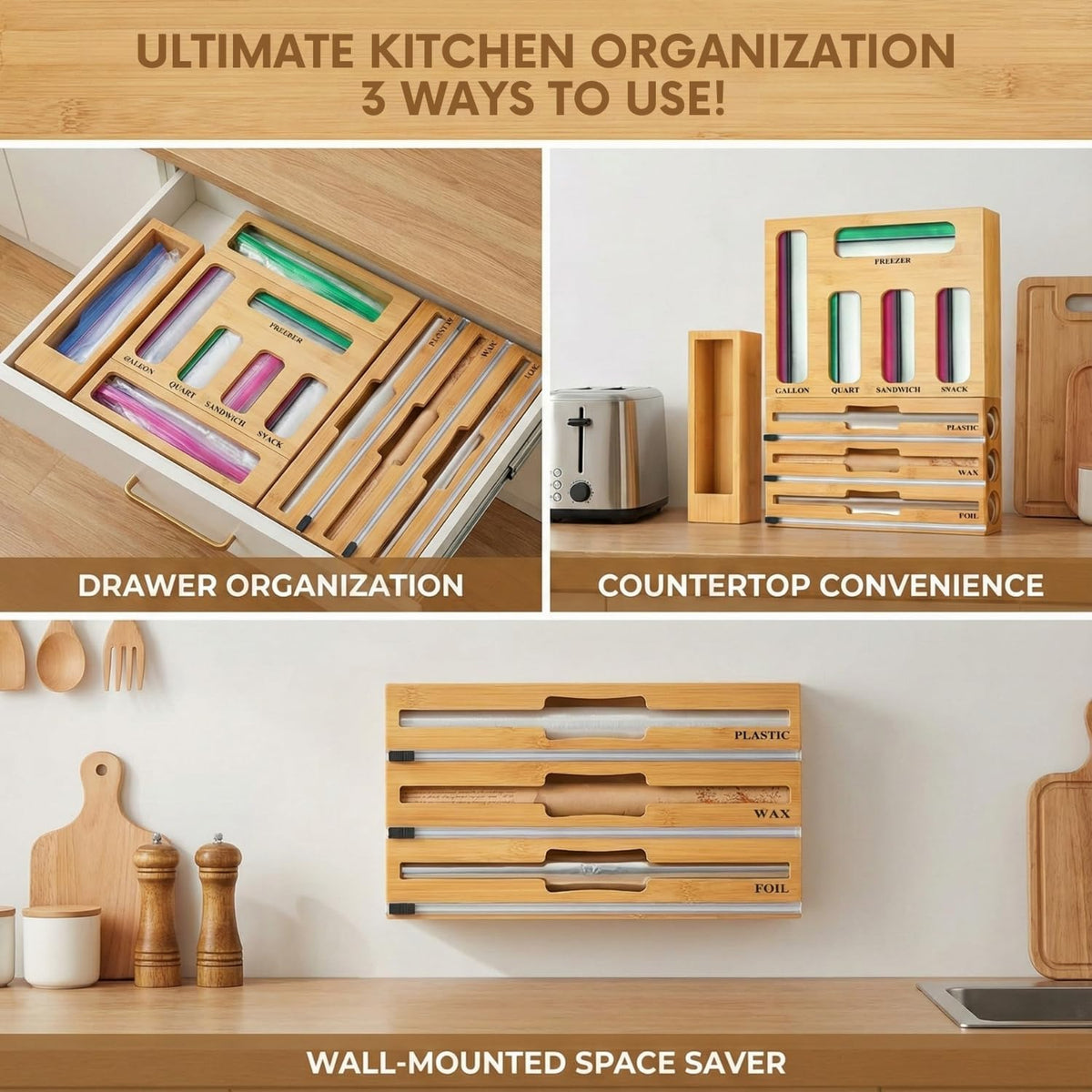 9 in 1 Storage Bag Organizer for Kitchen Drawer, Bamboo Foil and Plastic Wrap with Cutter, Ziplock Bag Organizer for Quart, Gallon, Sandwich & Snack Bags